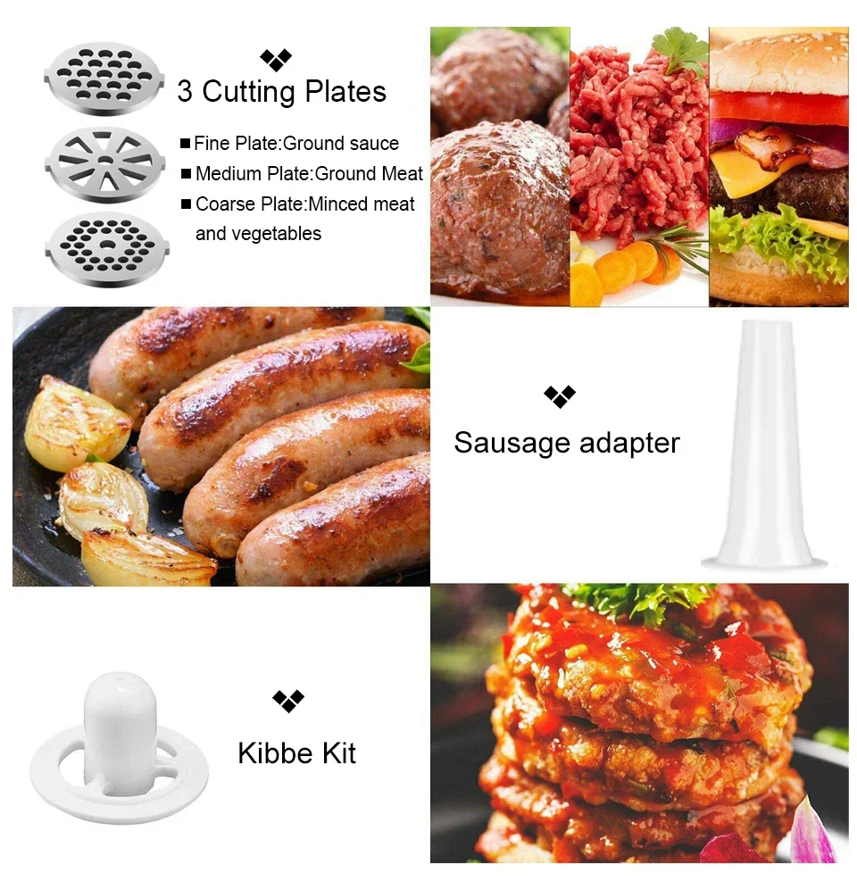 Hachoir à Viande Électrique 2800W en Inox avec 3 plaques de coupe et accessoires pour saucisses et kibbeh