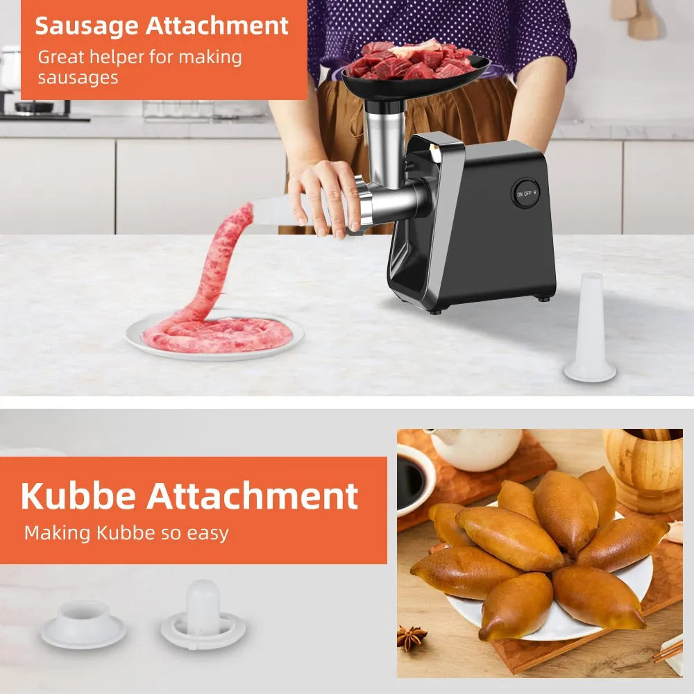 Hachoir à Viande Électrique en Acier Inoxydable préparant de la viande hachée et des saucisses sur une surface de cuisine