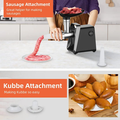 Hachoir à Viande Électrique en Acier Inoxydable préparant de la viande hachée et des saucisses sur une surface de cuisine
