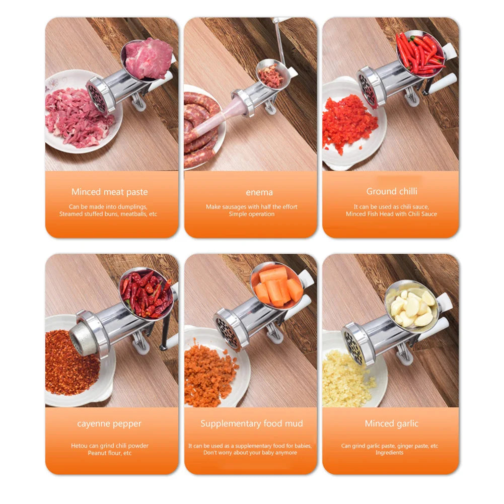 Hachoir à Viande Manuel Multifonction – Compact & Pratique montrant différentes utilisations pour hacher viande, piments, ail et légumes