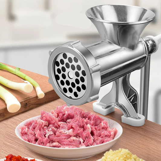Hachoir à Viande Manuel Multifonction – Compact & Pratique en métal avec viande hachée fraîche dans un bol blanc