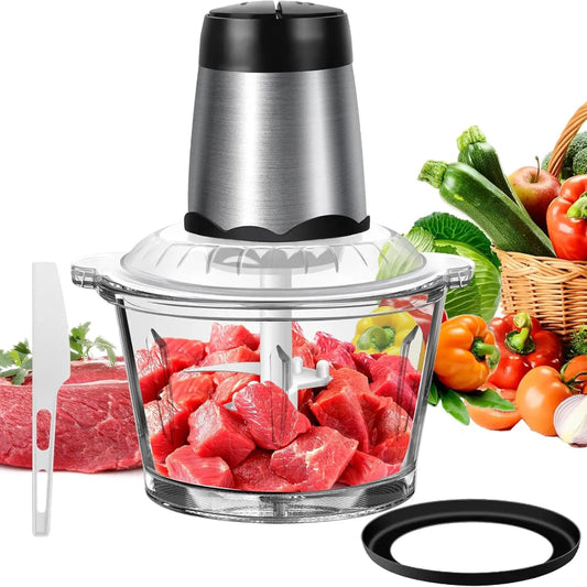 Hachoir Électrique 2 L en Verre avec des légumes et viande prête à hacher pour une cuisine facile