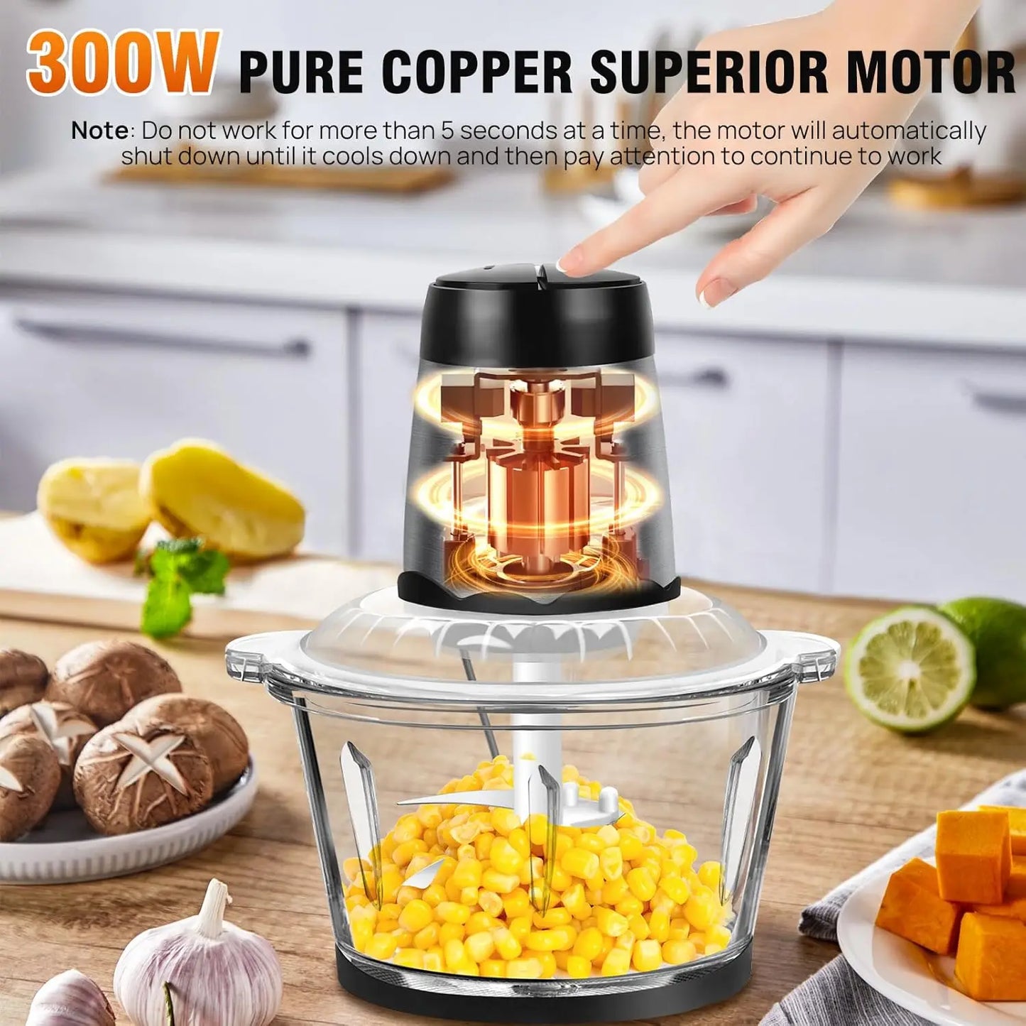 Hachoir Électrique 2 L en Verre avec moteur en cuivre de 300W pour hacher facilement aliments