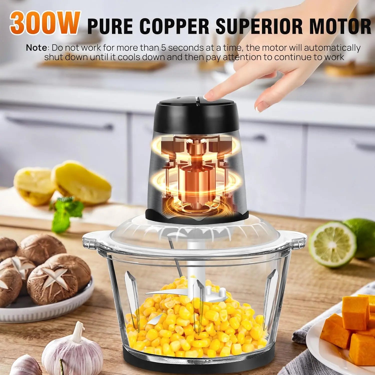 Hachoir Électrique 2 L en Verre avec moteur en cuivre de 300W pour hacher facilement aliments