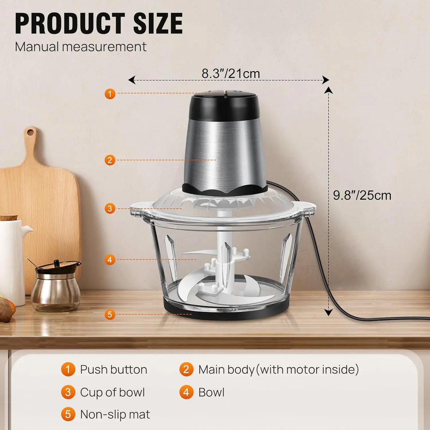Hachoir Électrique 2 L en Verre avec moteur puissant et bol anti-dérapant, idéal pour la cuisine.