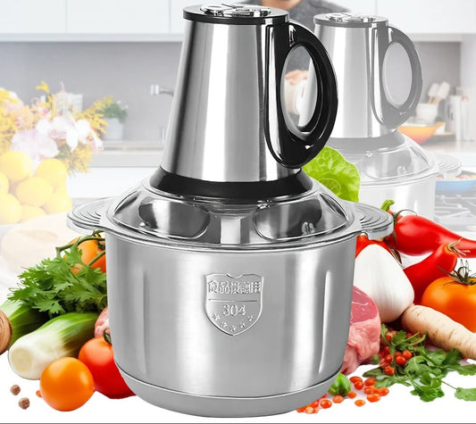 Hachoir Électrique 5L 500W Viande & Légumes en acier inoxydable avec des légumes frais en arrière-plan