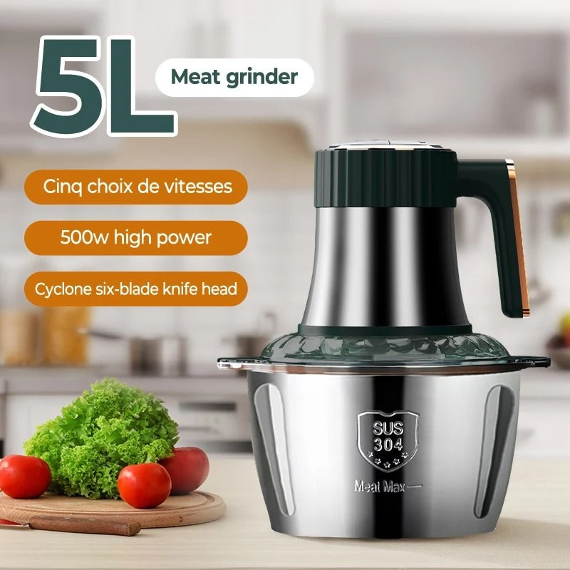 Hachoir Électrique 5 L Inox 304 – 500W, 6 Lames & 5 Vitesses avec design moderne et contour en inox