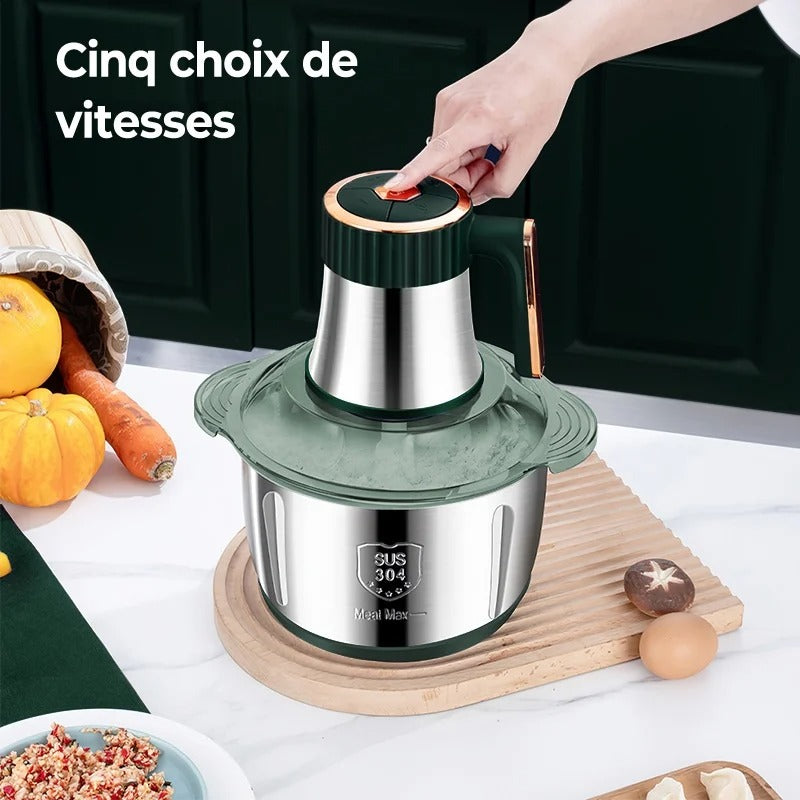 Hachoir Électrique 5 L Inox 304 – 500W, 6 Lames & 5 Vitesses en action avec des légumes frais