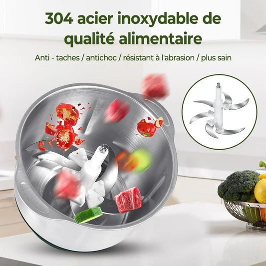 Hachoir Électrique 5 L Inox 304 – 500W, 6 Lames & 5 Vitesses avec cuve en acier inoxydable et légumes frais.