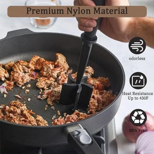 Hachoir Manuel 4-en-1 – Écrase, Mélange, Hache, Prépare en nylon premium utilisé pour écraser la viande dans une poêle