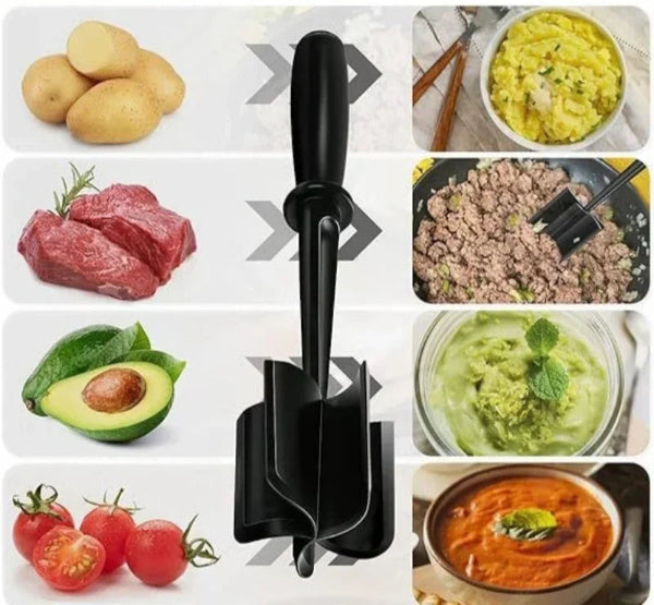 Hachoir Manuel 4-en-1 – Écrase, Mélange, Hache, Prépare avec poigné noir et exemples d'utilisation avec pommes de terre, viande, avocat et tomates