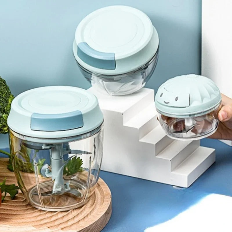 Hachoir Manuel à Corde pour Légumes, Viande et Repas Bébé avec couvercle en bleu et différents formats