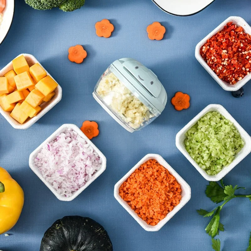 Hachoir Manuel à Corde pour Légumes, Viande et Repas Bébé avec divers légumes hachés autour