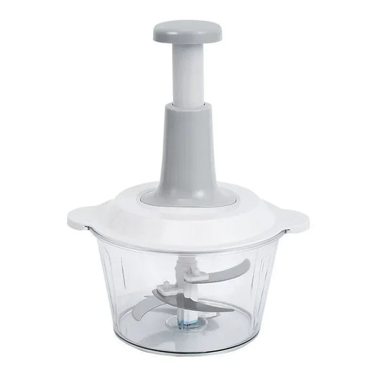Hachoir Manuel Multifonction Inox – Broyeur Légumes & Viandes avec récipient transparent et poussoir gris