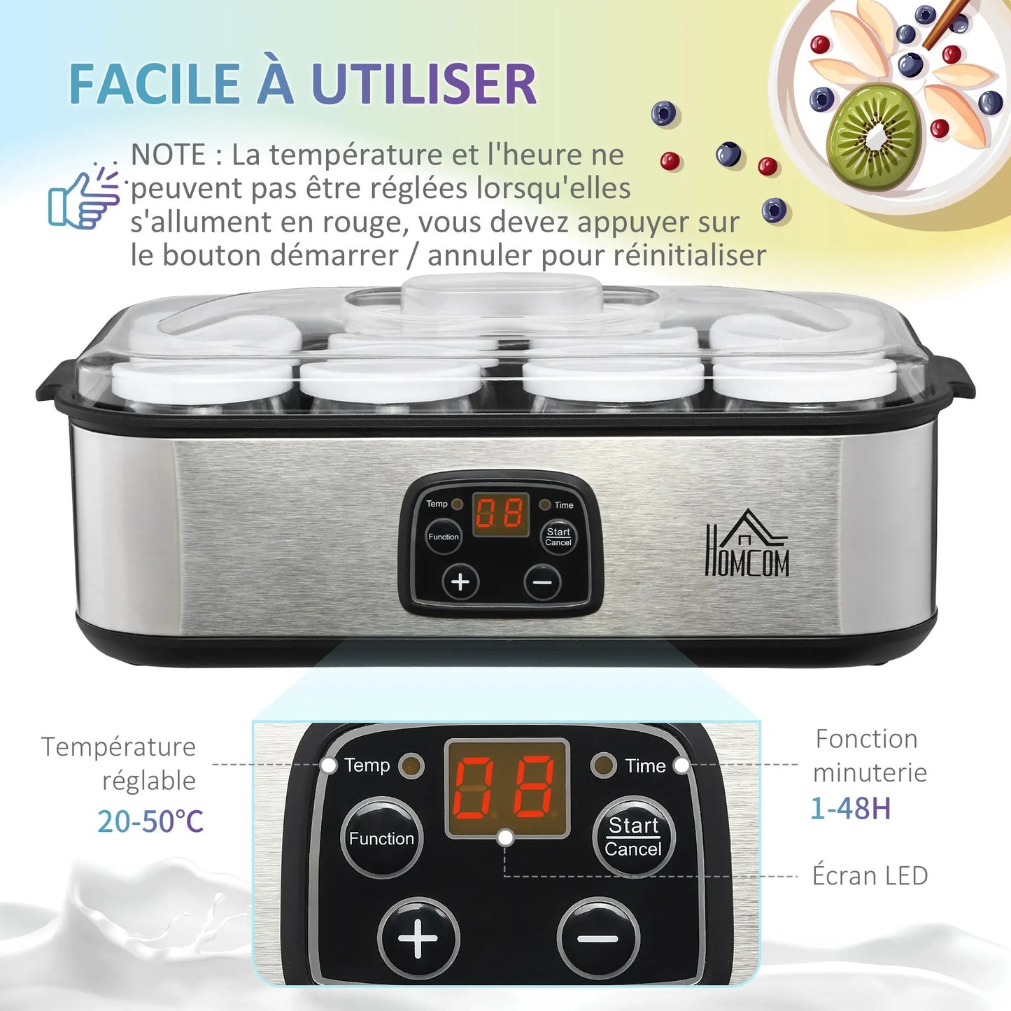 Yaourtière 8 pots en verre  préparez facilement vos yaourts maison avec écran LED et commandes simples