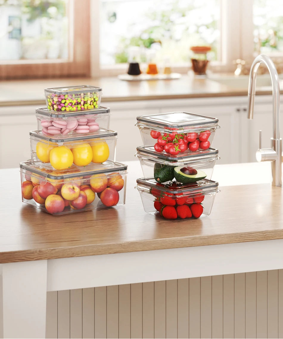 Boîtes Hermétiques HUTHIM – Lot de 16 Sans BPA. Ensemble de boîtes transparentes empilables sur plan de travail