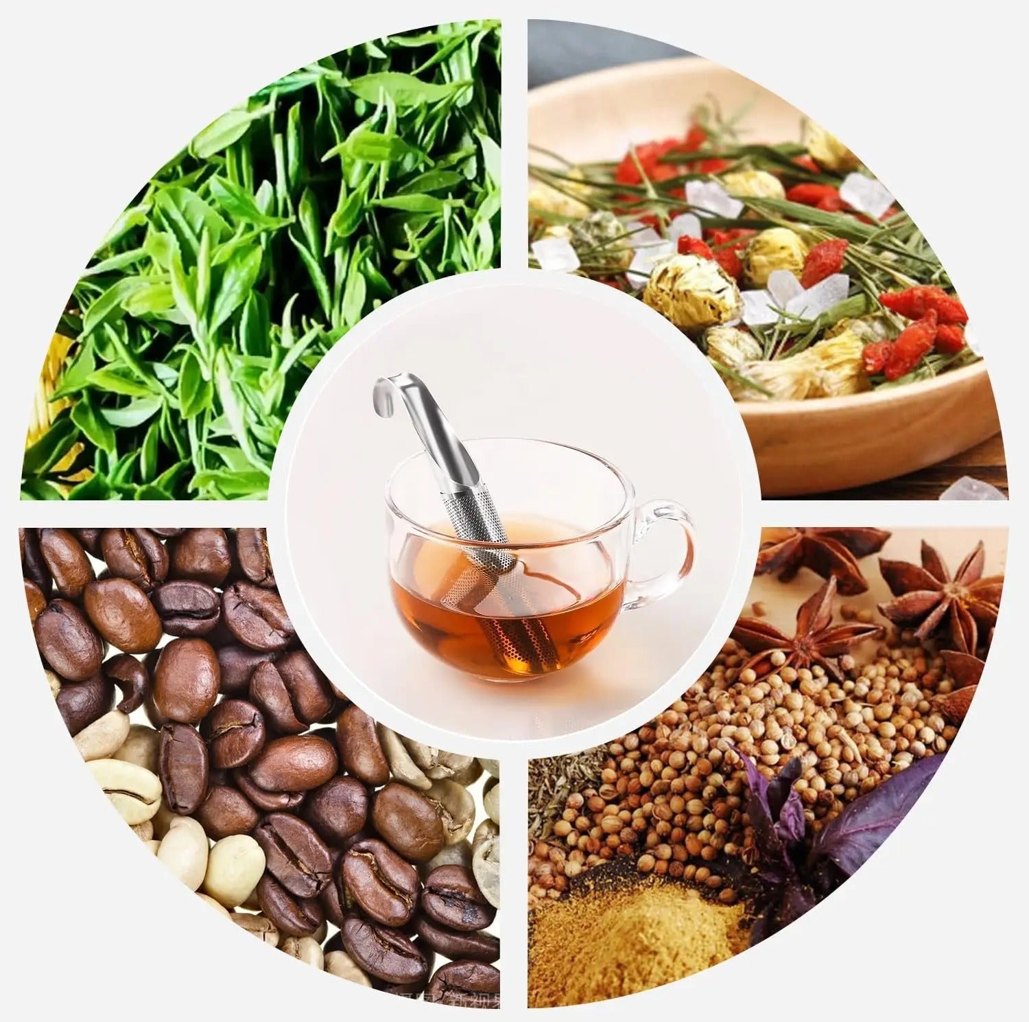 Infuseur à thé en inox pour thé en vrac – Lot de 2 avec divers ingrédients comme thé, épices et café.