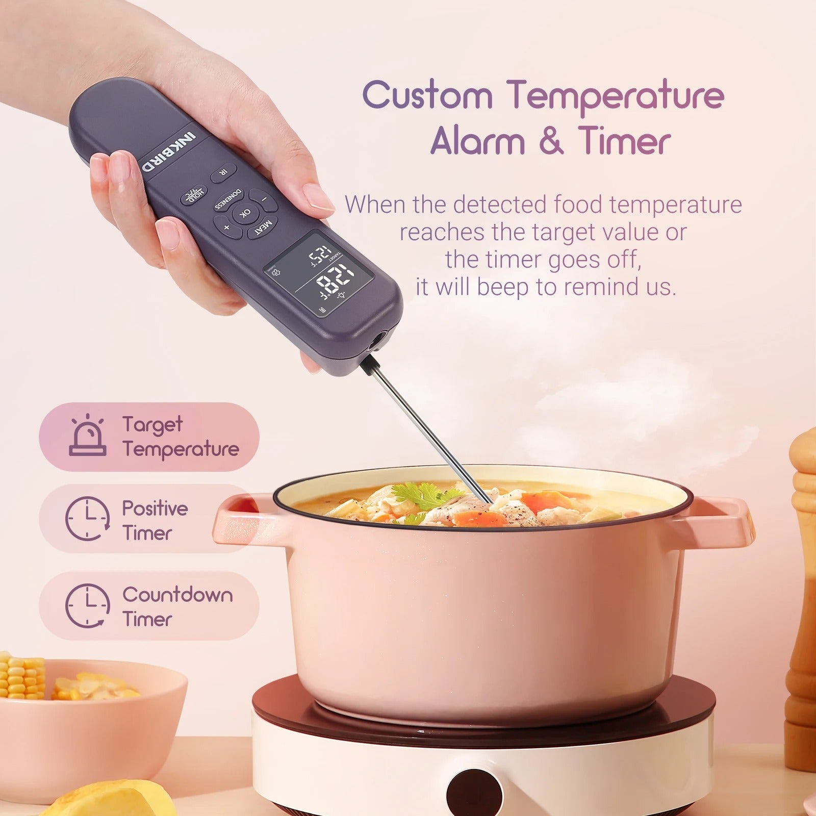Thermomètre infrarouge 3-en-1 avec alarme de température personnalisée et minuterie pour la cuisson
