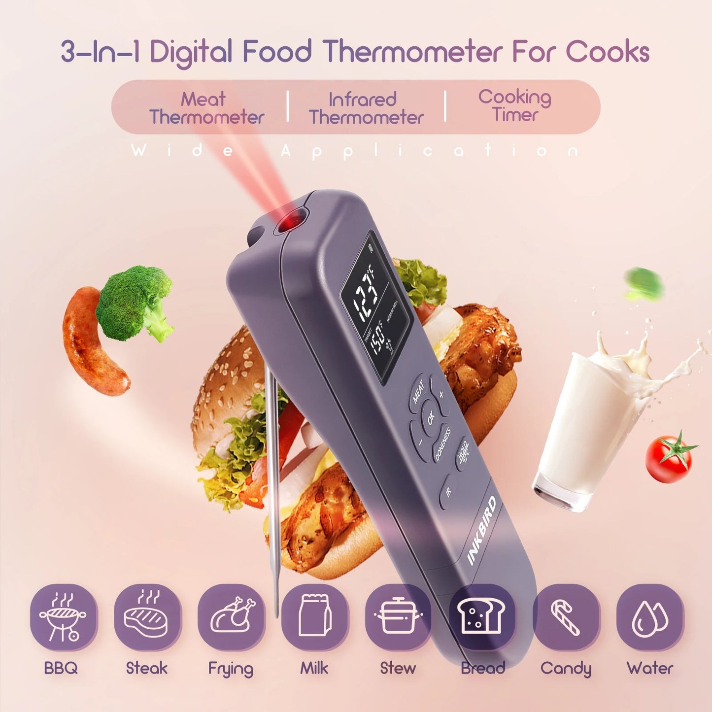 Thermomètre infrarouge 3-en-1 pour les cuisiniers, idéal pour viande, aliments et liquides