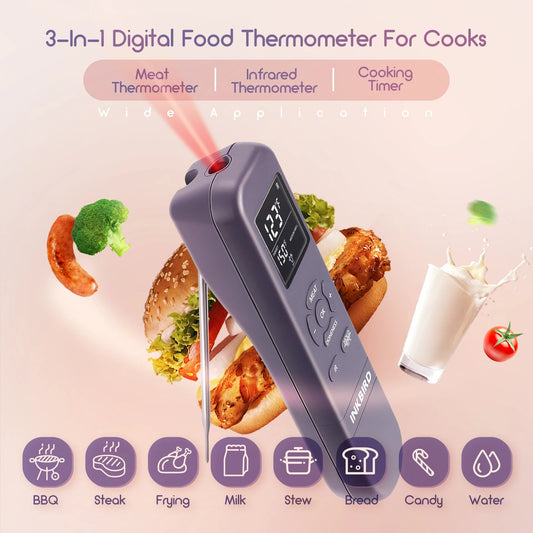 Thermomètre infrarouge 3-en-1 pour les cuisiniers, idéal pour viande, aliments et liquides