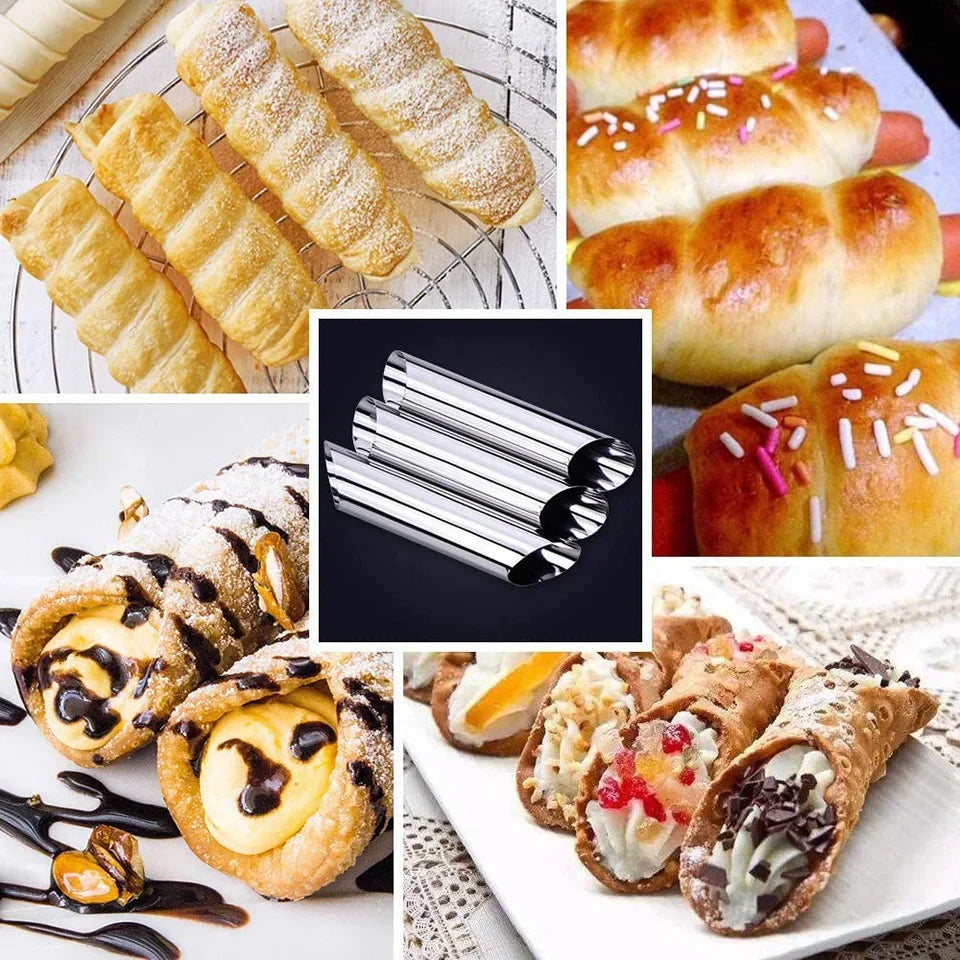 Kit 5 Moules Spirale Inox – Croissants et Cornets Pâtisserie avec plusieurs pâtisseries garnies et cuites