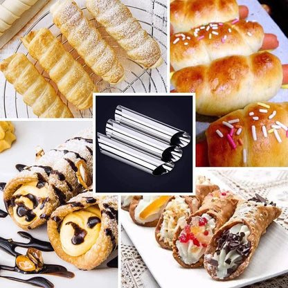 Kit 5 Moules Spirale Inox – Croissants et Cornets Pâtisserie avec plusieurs pâtisseries garnies et cuites