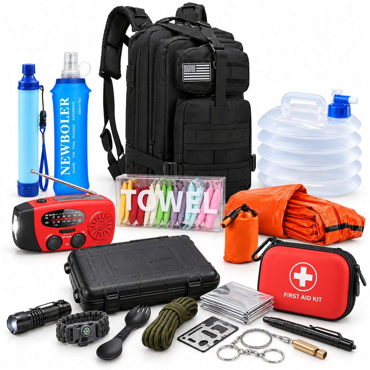 Kit de survie 72h pour 1 personne – Pack Solo avec sac à dos, nourriture, lampe torche et trousse de premiers secours