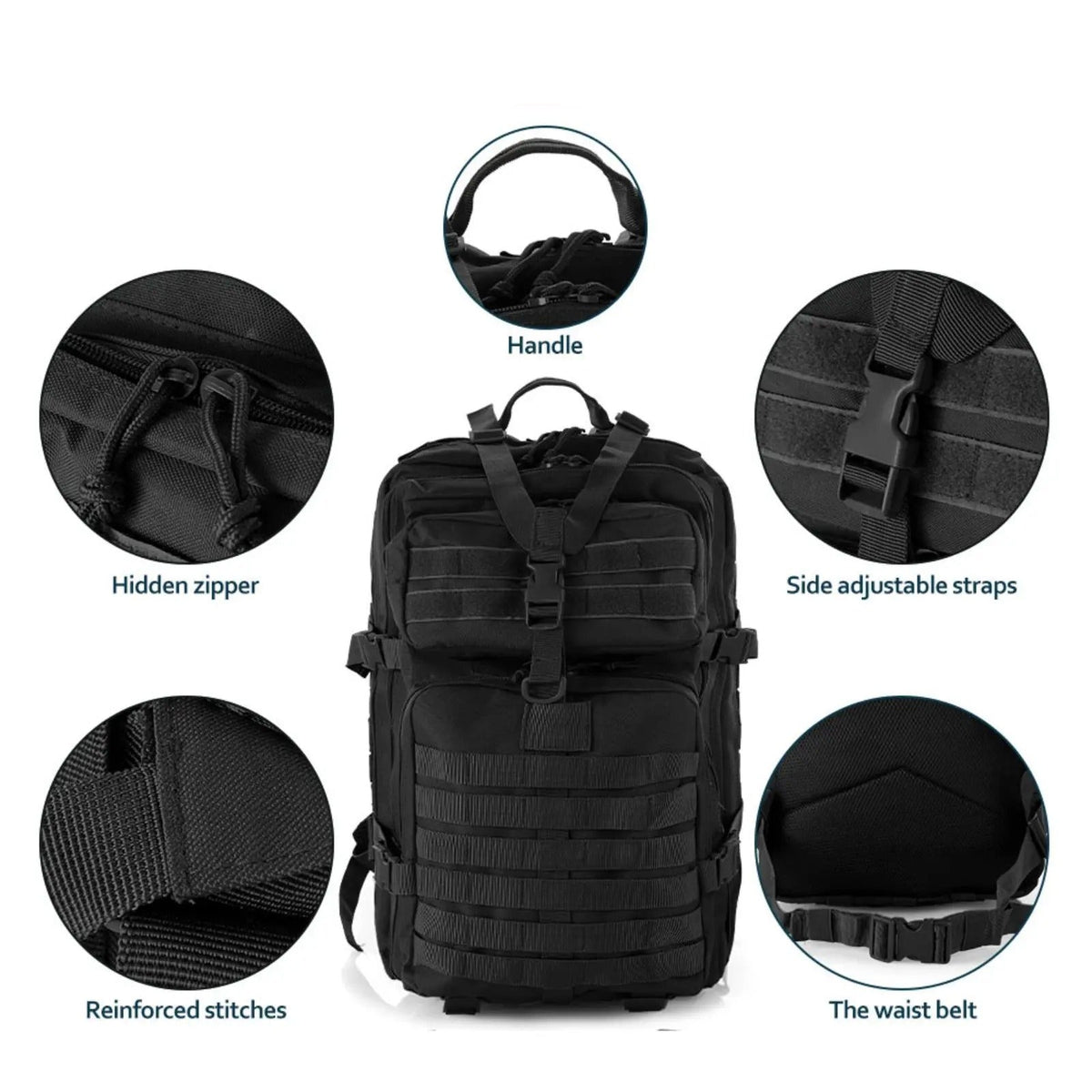 Sac à dos noir avec poches, sangles ajustables et zips cachés pour kit de survie 72h pour 1 personne – Pack Solo