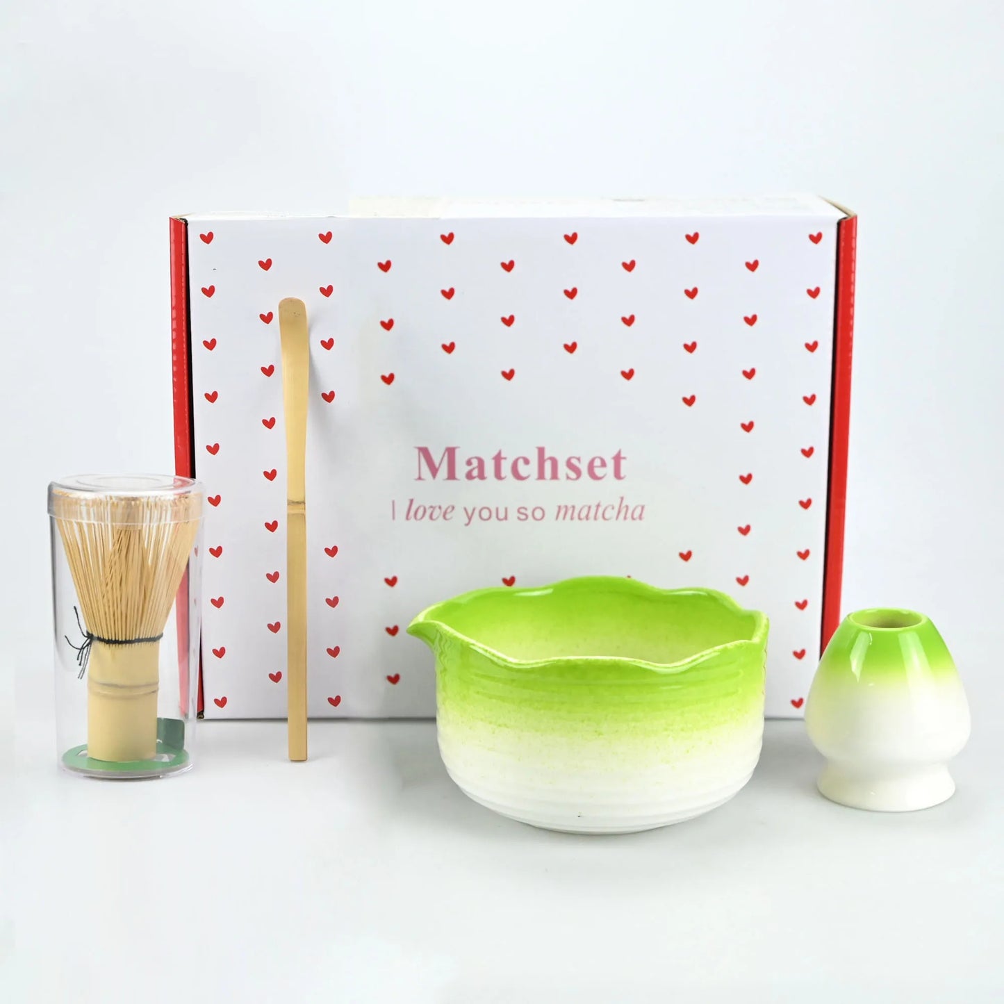 Kit Matcha Traditionnel – Chawan, Chasen, Chashaku & Support avec emballage décoré en cœur