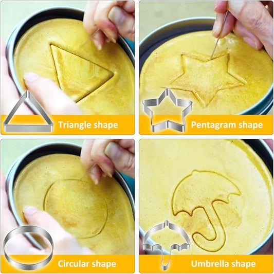 Kit Moules Biscuits Inox – Emporte-pièces Pâtisserie 4 Formes Squid Game avec formes triangle, étoile, cercle et parapluie