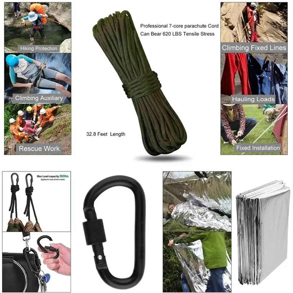 Corde et mousqueton ainsi qu'une couverture de survie indispensable dans le kit survie solo 72h 