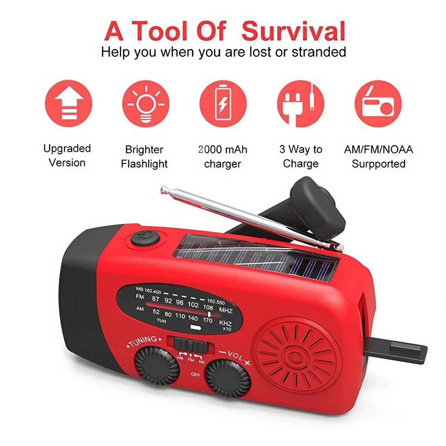 Radio de survie rouge avec chargeur USB et éclairage, kit Survie Solo 72h – Kit complet Guide PDF offert