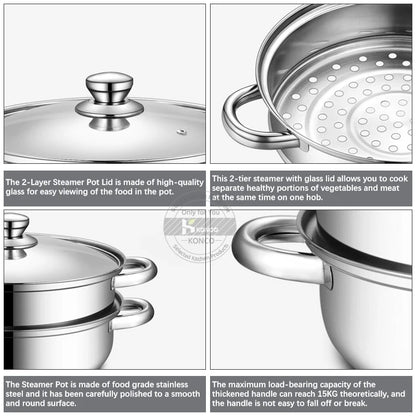 Cuit-vapeur inox double étage 28 cm – Cuisson saine, marmite inox poli avec couvercle verre et panier perforé