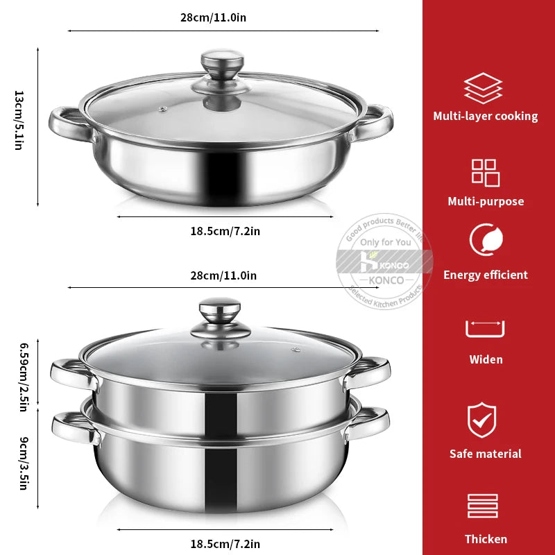 Cuit-vapeur inox double étage 28 cm – Cuisson saine casserole vapeur inox 2 étages avec couvercle et poignées