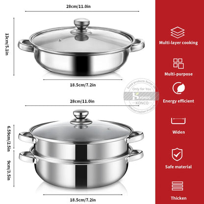 Cuit-vapeur inox double étage 28 cm – Cuisson saine casserole vapeur inox 2 étages avec couvercle et poignées