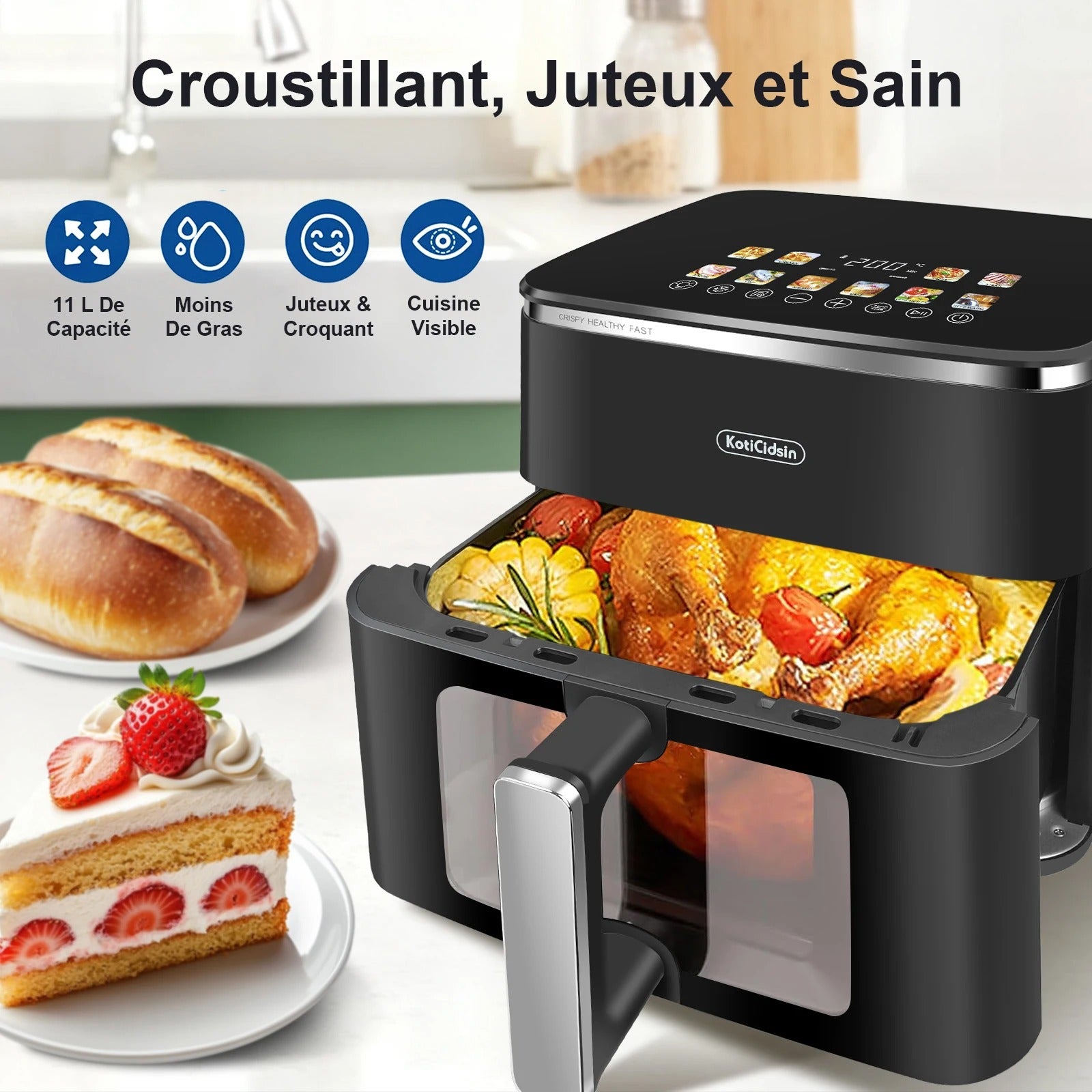 Friteuse à air grande capacité 10 L avec fenêtre de visualisation et écran tactile LED, idéale pour des repas croustillants