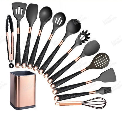 Ustensiles Silicone Rose Gold LARTI SCUPRITE – Set Cuisine 13 pièces noirs silicone manches rose gold avec support