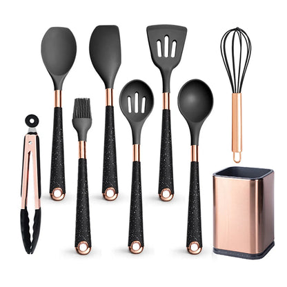 Ustensiles Silicone Rose Gold LARTI SCUPRITE – Set Cuisine ensemble 10 pièces silicone noir poignées rose gold avec support