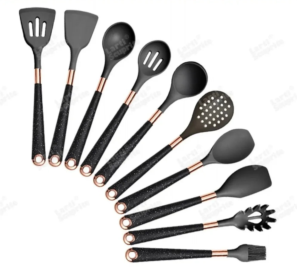 Ustensiles Silicone Rose Gold LARTI SCUPRITE – Set Cuisine, ensemble 12 pièces silicone noir manches rose gold antiadhésives