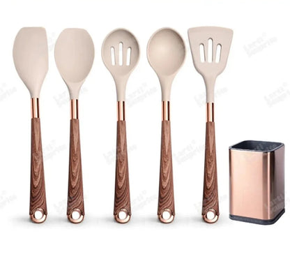 Ustensiles Silicone Rose Gold LARTI SCUPRITE – Set Cuisine de 5 pièces en silicone beige avec manches effet bois et support