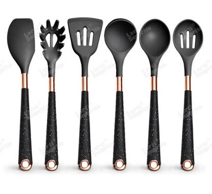 Ustensiles Silicone Rose Gold LARTI SCUPRITE – Set Cuisine. Lot de 6 ustensiles noirs en silicone poignées texturées