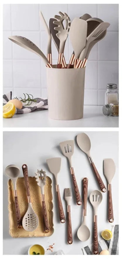 Ustensiles Silicone Rose Gold LARTI SCUPRITE – Set Cuisine, ensemble de pièces en silicone beige avec manches rose gold