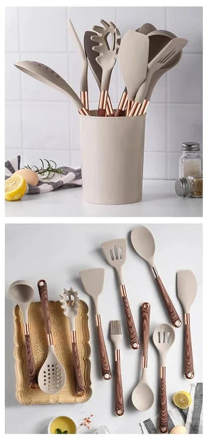 Ustensiles Silicone Rose Gold LARTI SCUPRITE – Set Cuisine, ensemble de pièces en silicone beige avec manches rose gold