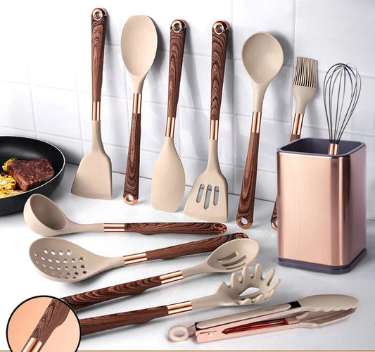 Ustensiles Silicone Rose Gold LARTI SCUPRITE – Set Cuisine d'ustensiles en silicone rose gold manches effet bois et support