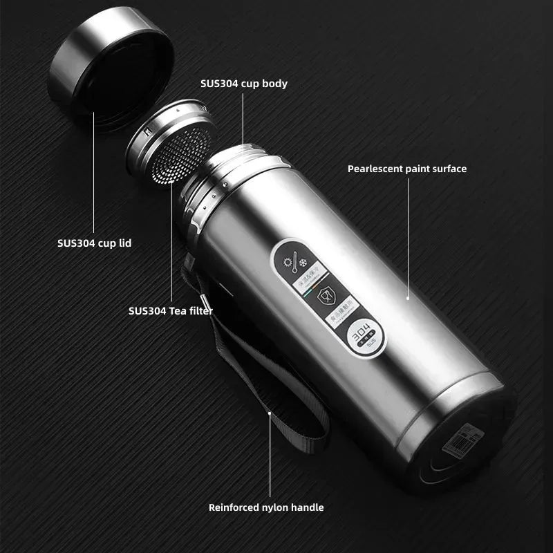Thermos LED inox 500 ml à 1 L – Boissons chaudes & froides. Bouteille inox avec filtre à thé, couvercle et écran LED