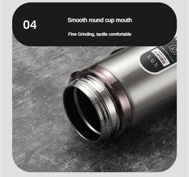 Thermos LED inox 500 ml à 1 L – Boissons chaudes & froides. Goulot rond lisse en inox, filetage étanche, finition brossée