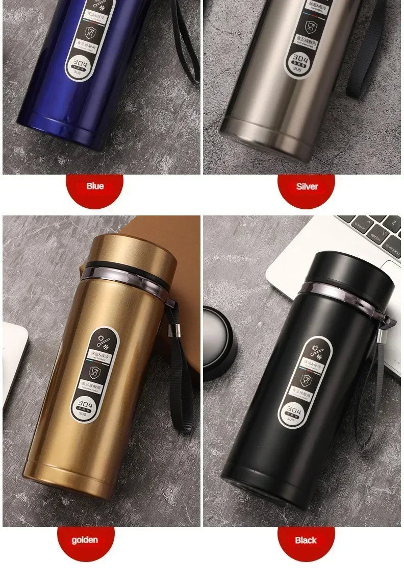 Thermos LED inox 500 ml à 1 L – Boissons chaudes & froides. Flacons inox bleu argent doré noir avec anse et bouchon isotherme