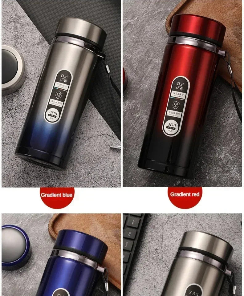 Thermos LED inox 500 ml à 1 L – Boissons chaudes & froides. Bouteilles isothermes inox dégradé bleu rouge argent avec anse pratique
