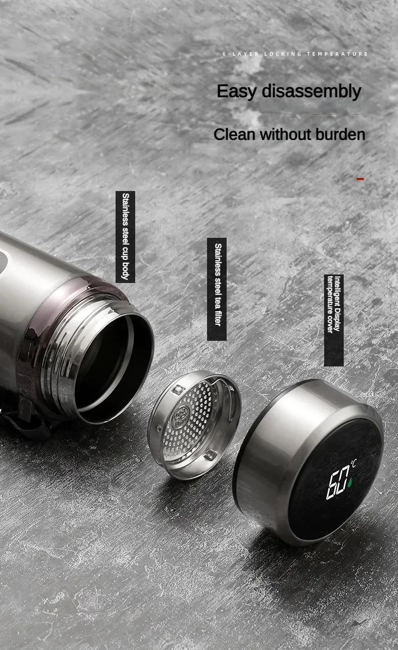 Thermos LED inox 500 ml à 1 L – Boissons chaudes & froides. Thermos inox démonté avec tamis et bouchon LED affichant 50°C