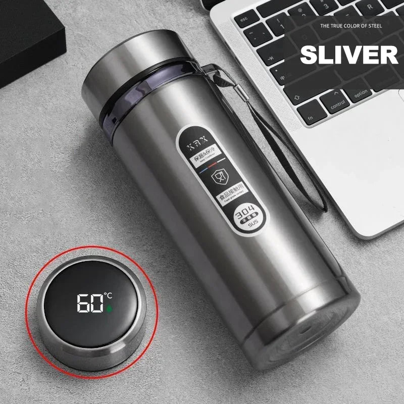 Thermos LED inox 500 ml à 1 L – Boissons chaudes & froides. Thermos isotherme inox gris avec écran LED 60°C et anse de transport